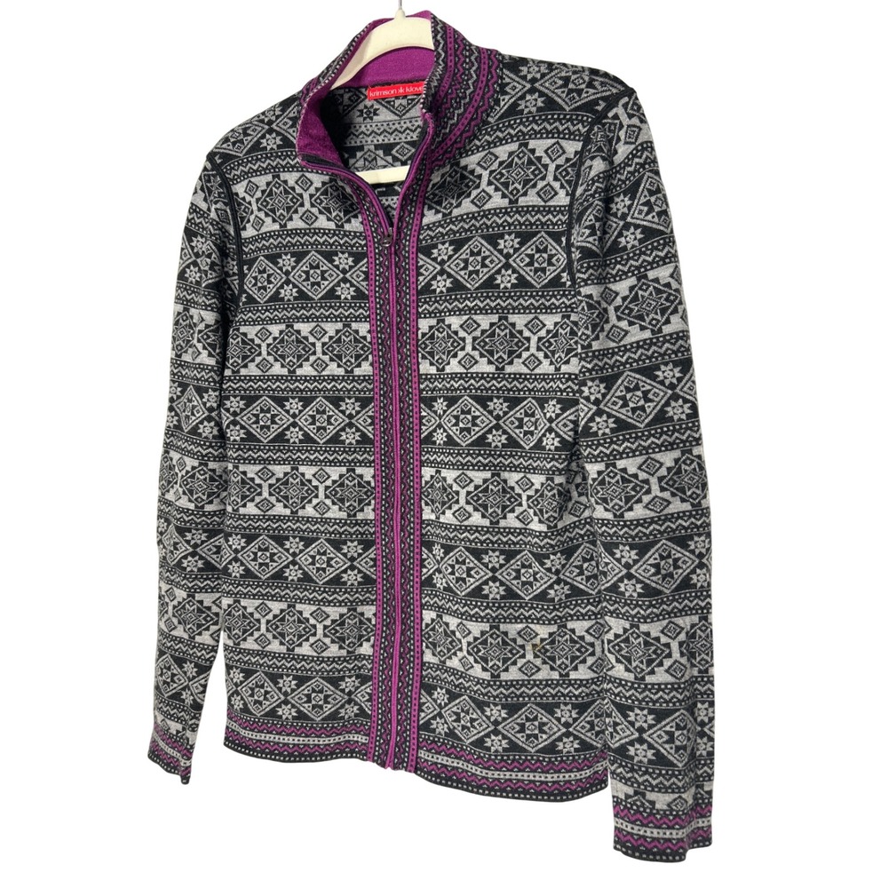 Krimson Klover Women's Full Zip Fair Isle Sweater Grey Purple Geometric Size M